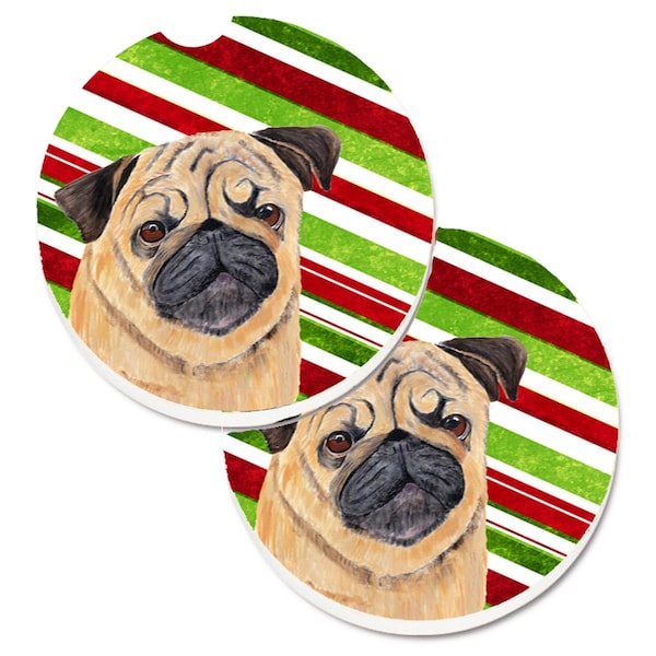 Carolines Treasures Pug Candy Cane Holiday Christmas Set of 2 Cup Holder Car Coaster SC9331CARC - main
